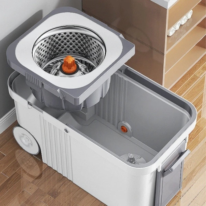 Set mop rotativ 360°, galeata centrifuga din inox, 4 rezerve, sistem evacuare apa, din inox si plastic, alb/gri