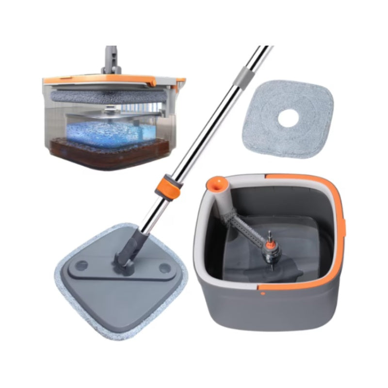 Set mop rotativ cu doua rezerve, galeata patrata cu doua compartimente separate pentru apa curata si murdara, rotatie 360, gri antracit