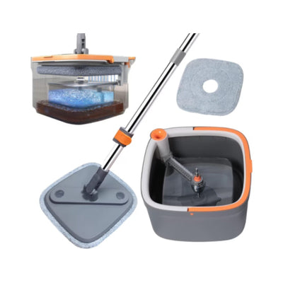 Set mop rotativ cu doua rezerve, galeata patrata cu doua compartimente separate pentru apa curata si murdara, rotatie 360, gri antracit
