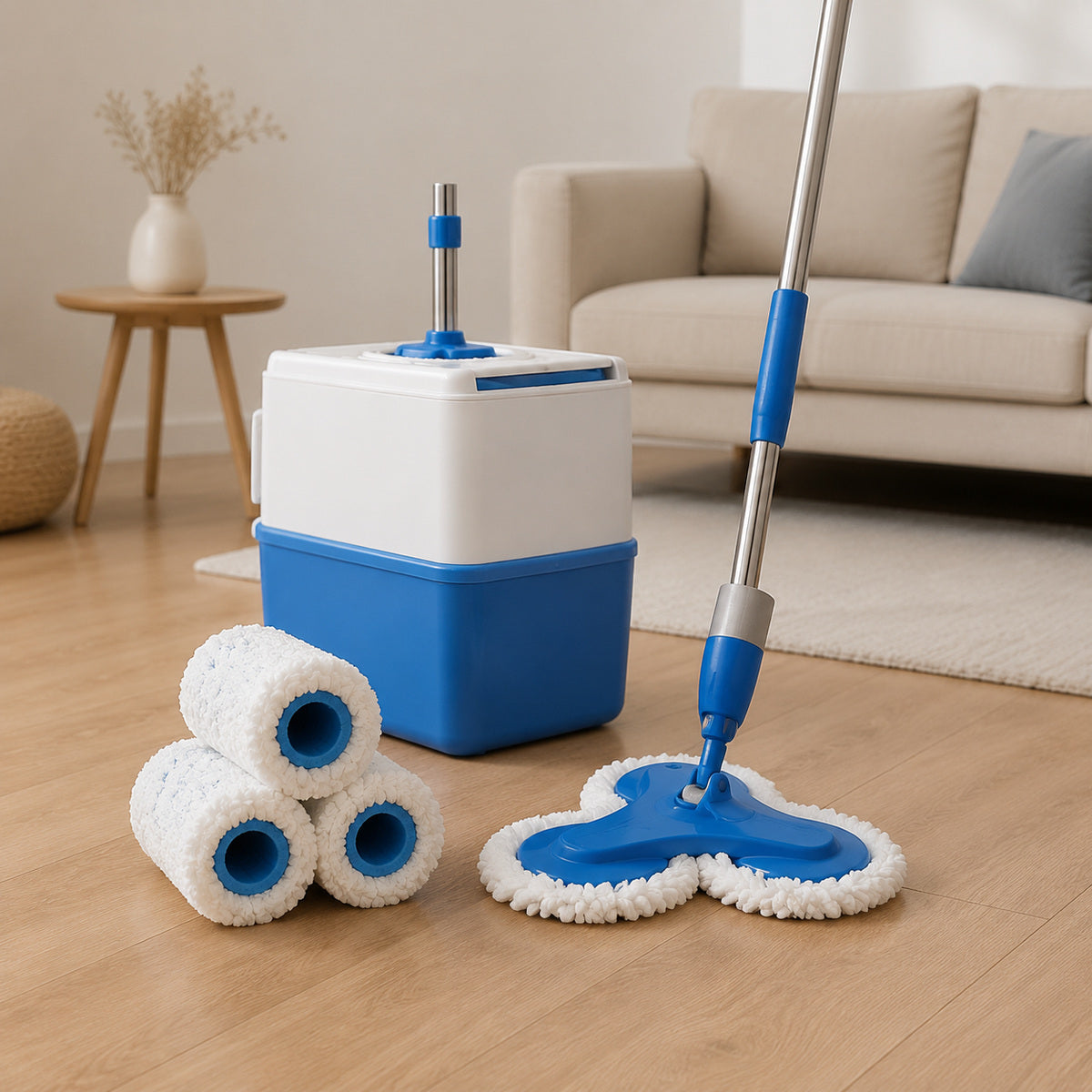 Set Mop Rotativ Multifuncțional cu Găleată și Accesorii, Alb-Albastru – imagine 2