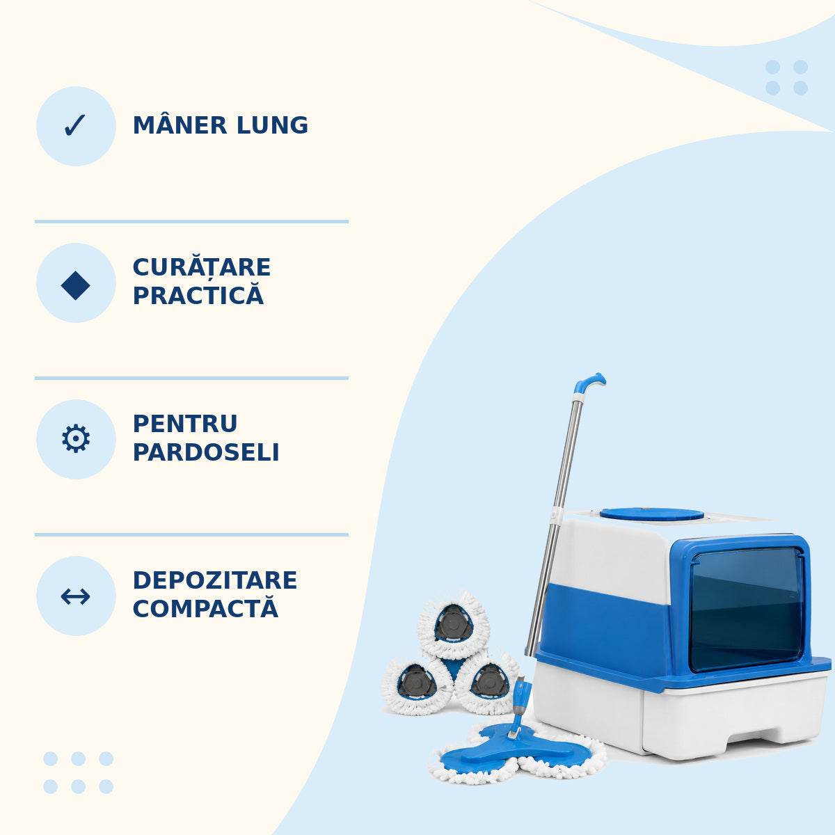 Set Mop Rotativ Multifuncțional cu Găleată și Accesorii, Alb-Albastru – imagine 3