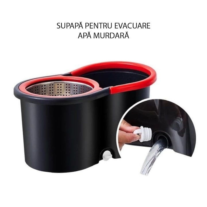 Set mop rotativ si galeata cu sistem de stoarcere, maner reglabil din otel inoxidabil, cu 5 rezerve incluse, rosu/negru