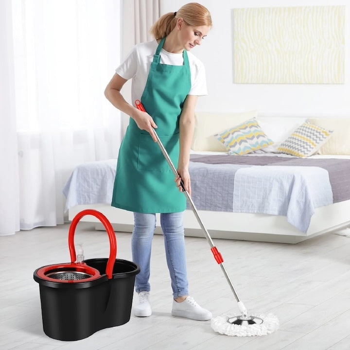 Set mop rotativ si galeata cu sistem de stoarcere, maner reglabil din otel inoxidabil, cu 5 rezerve incluse, rosu/negru
