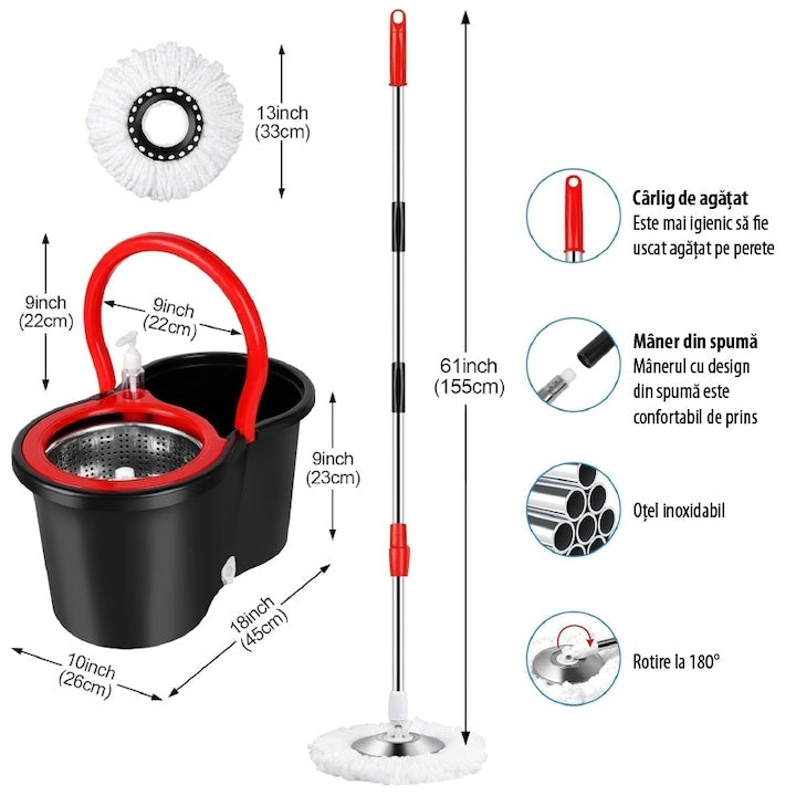 Set mop rotativ si galeata cu sistem de stoarcere, maner reglabil din otel inoxidabil, cu 5 rezerve incluse, rosu/negru