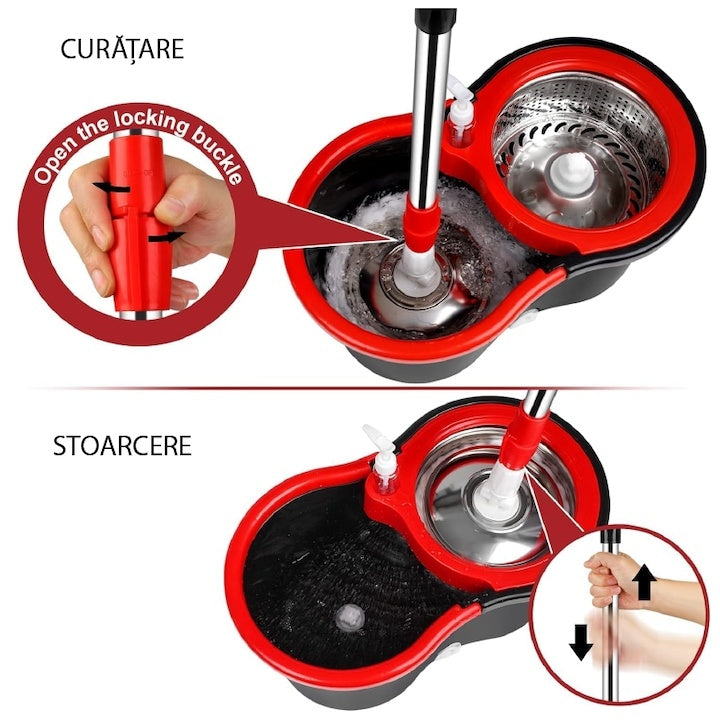 Set mop rotativ si galeata cu sistem de stoarcere, maner reglabil din otel inoxidabil, cu 5 rezerve incluse, rosu/negru