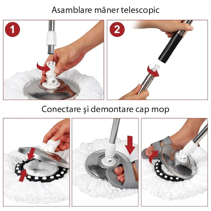 Set mop rotativ si galeata cu sistem de stoarcere, maner reglabil din otel inoxidabil, cu 5 rezerve incluse, rosu/negru