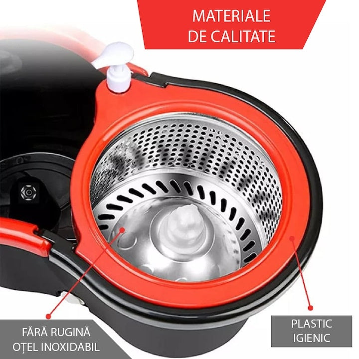 Set mop rotativ si galeata cu sistem de stoarcere, maner reglabil din otel inoxidabil, cu 5 rezerve incluse, rosu/negru