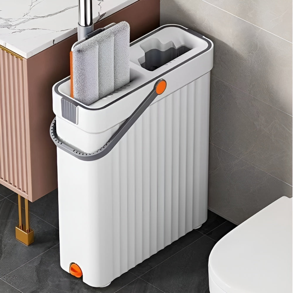 Set mop si galeata, cu doua cuve pentru spalare si uscare, 2 lavete de mop incluse, mâner telescopic, din metal si plastic, crem