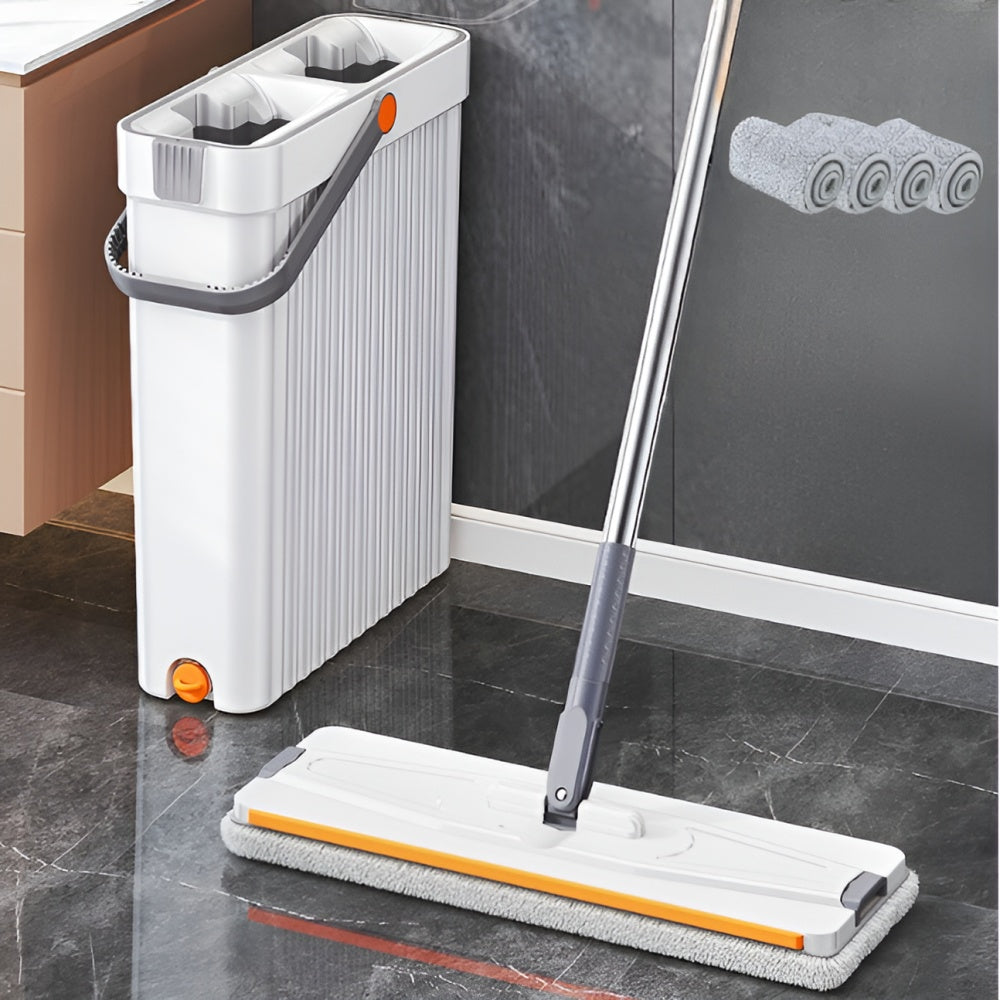 Set mop si galeata, cu doua cuve pentru spalare si uscare, 2 lavete de mop incluse, mâner telescopic, din metal si plastic, crem