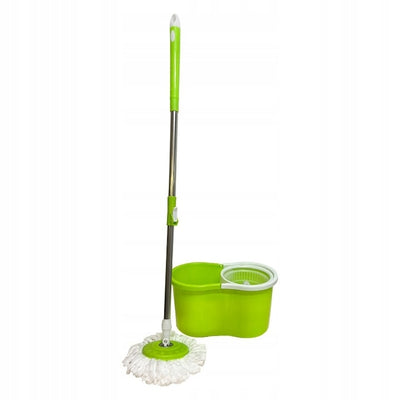 Set mop si galeata, din plastic/metal, cu 2 rezerve mop incluse, cu stoarcere centrifuga, verde/alb