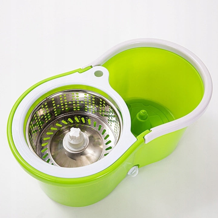 Set mop si galeata, din plastic/metal, cu 2 rezerve mop incluse, cu stoarcere centrifuga, verde/alb