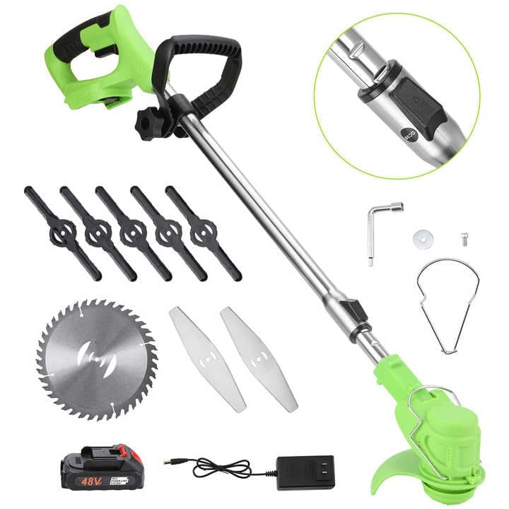 Set motocoasa electrica, cu 2 acumulatori, putere 1500W, cu 3 unghiuri de taiere, baterie 48V si alte accesorii, din ABS si metal, cu roti detasabile, verde