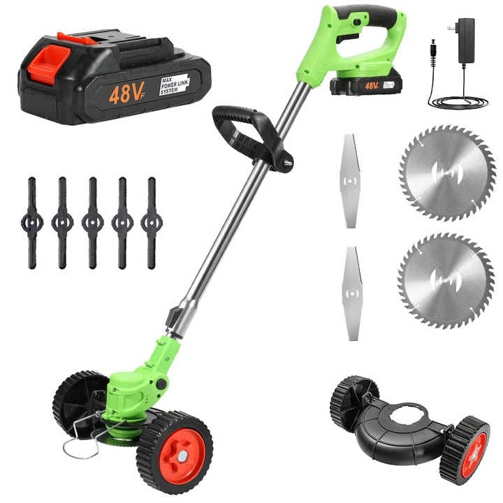 Set motocoasa electrica, cu 2 acumulatori, putere 1500W, cu 3 unghiuri de taiere, baterie 48V si alte accesorii, din ABS si metal, cu roti detasabile, verde