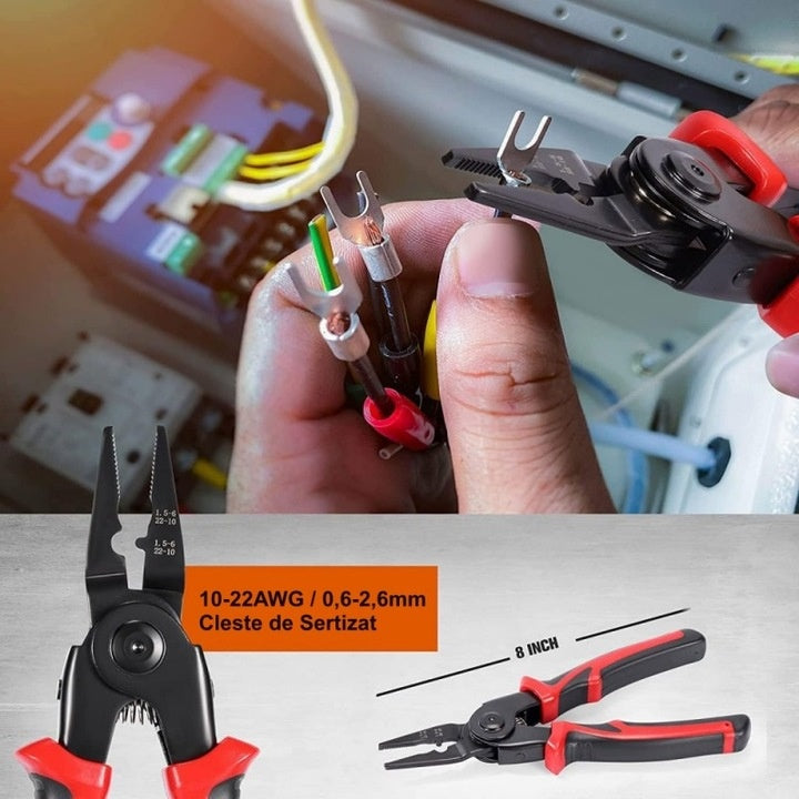Set multifunctional 5 in 1, patent, dezizolat, cleste, sertizat, foarfeca, unelte multifunctionale, cutie de transport, rosu/negru