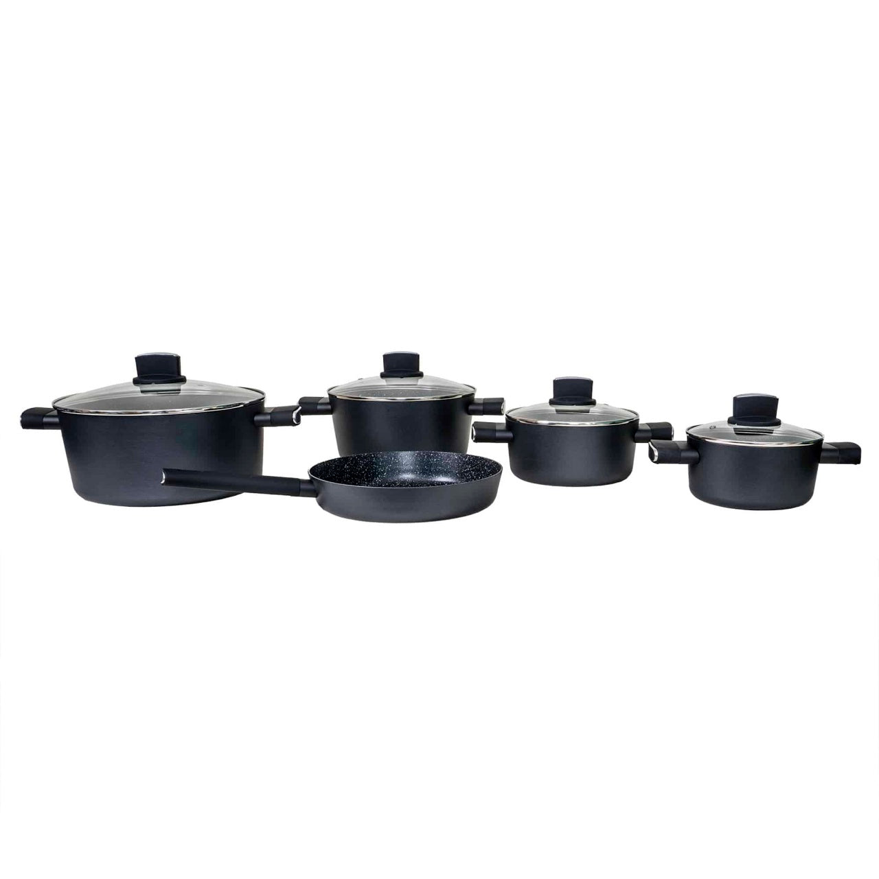 Set oale aluminiu 9 piese cu capace sticla termorezistente, 4 oale si tigaie