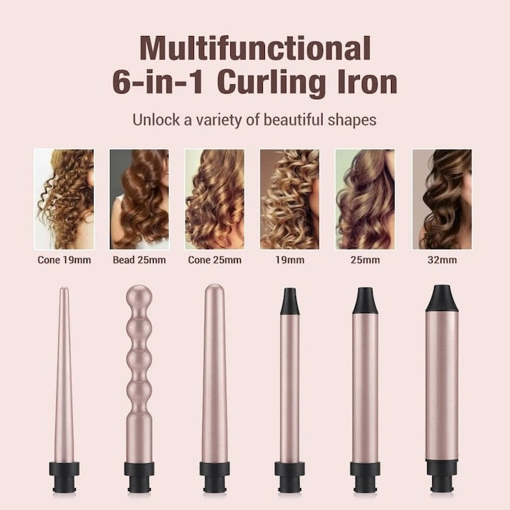 Set ondulator de par, cu 6 capete interschimbabile, invelis ceramic, temperatura reglabila, incalzire rapida, oprire automata, negru