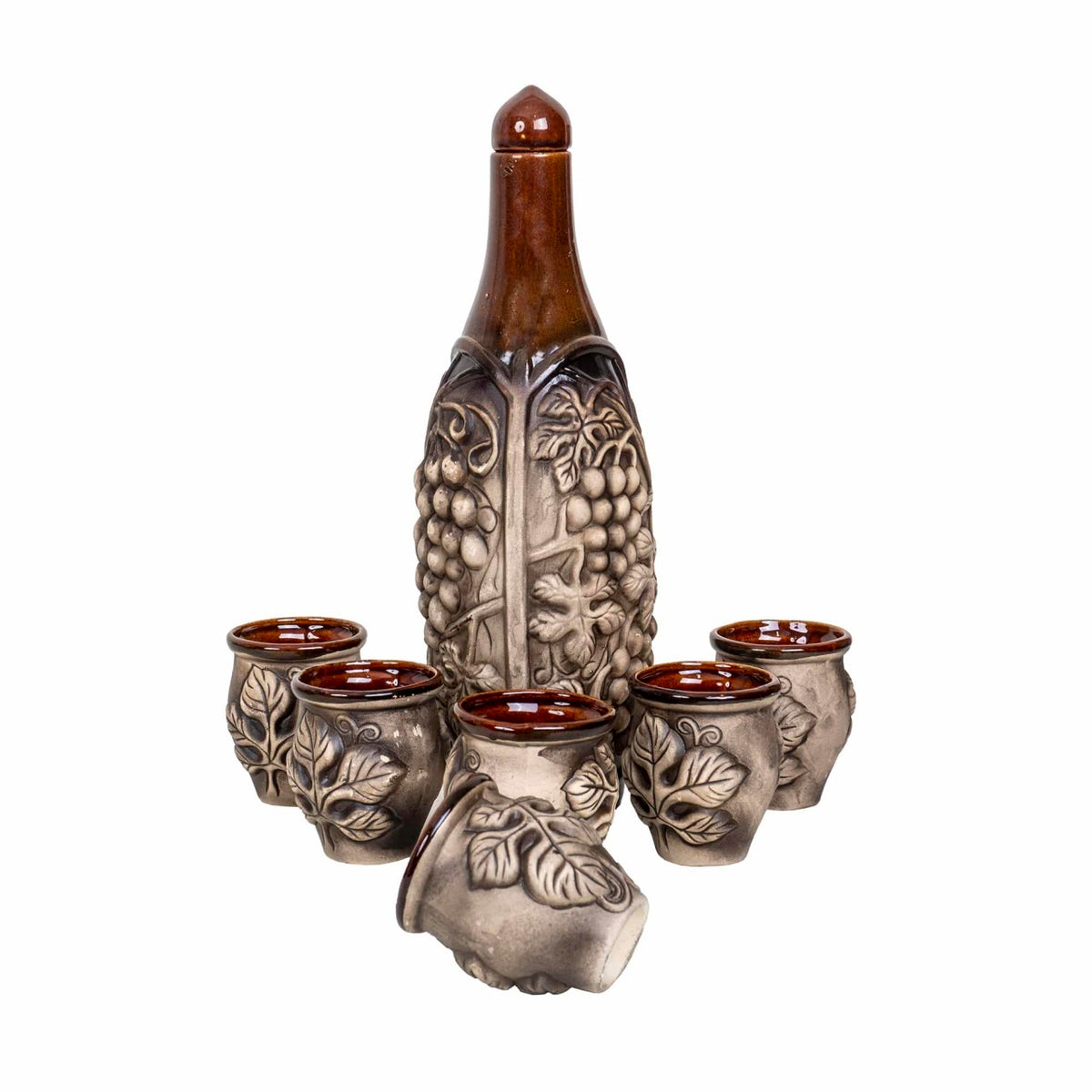 Set pentru vin din ceramica cu o sticla 2L si 6 pahare 180ml, design rustic