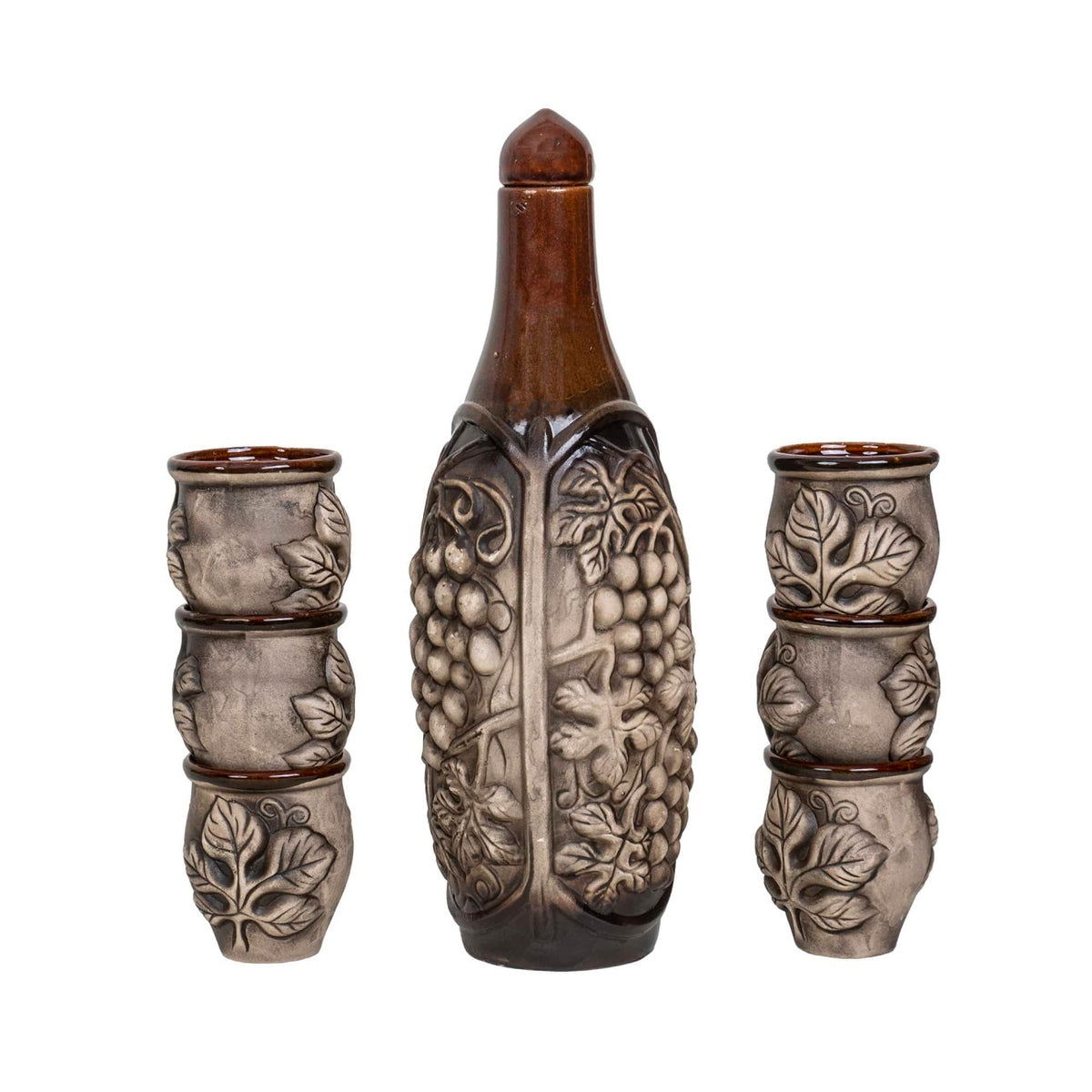 Set pentru vin din ceramica cu o sticla 2L si 6 pahare 180ml, design rustic