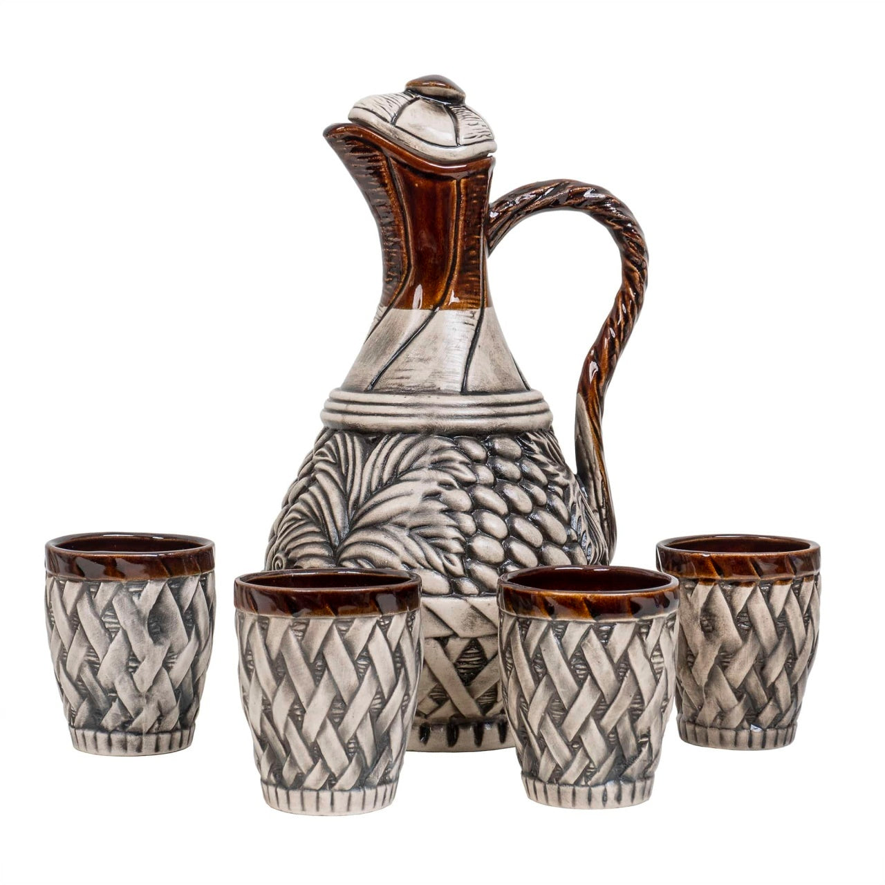 Set pentru vin din ceramica cu ulcior 2L si 4 pahare 180 ml, design rustic