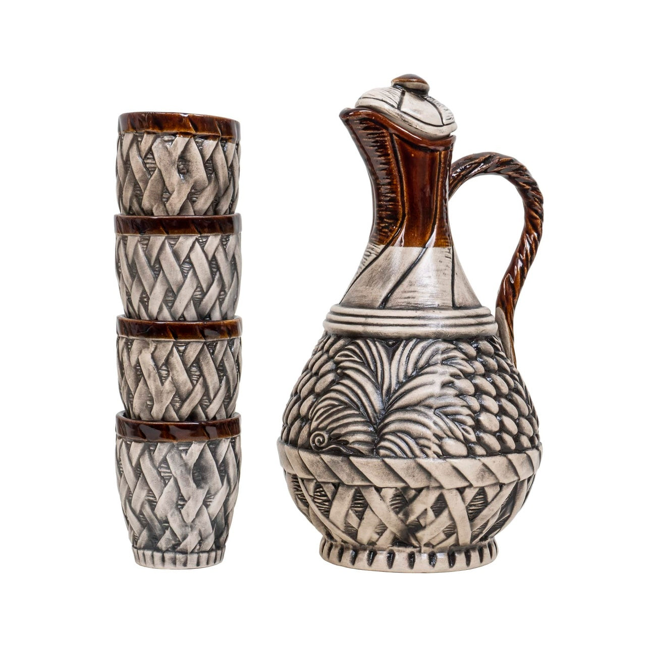 Set pentru vin din ceramica cu ulcior 2L si 4 pahare 180 ml, design rustic