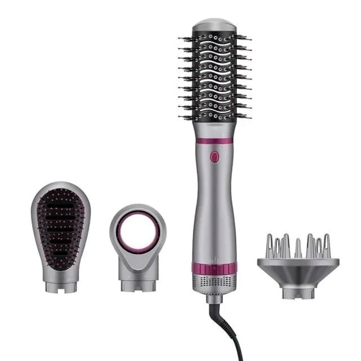 Set perie de par electrica, putere 1200W, cu trei viteze, 4 capete interschimbabile, duza de aer inlocuibila, negru/roz