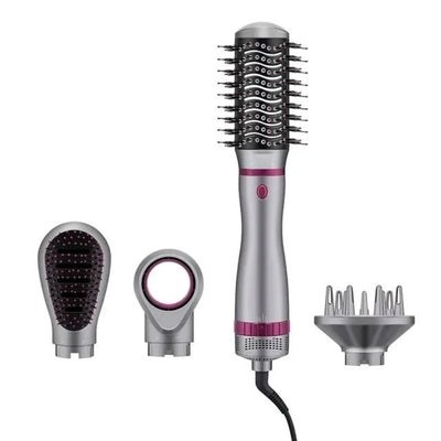 Set perie de par electrica, putere 1200W, cu trei viteze, 4 capete interschimbabile, duza de aer inlocuibila, negru/roz