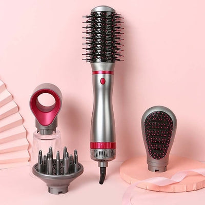 Set perie de par electrica, putere 1200W, cu trei viteze, 4 capete interschimbabile, duza de aer inlocuibila, negru/roz