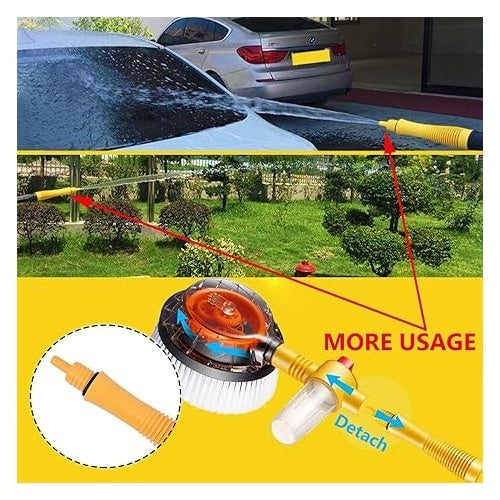 Set perie de spalat auto si accesorii, cu maner telescopic, rotativa 360°, cu recipient pentru detergent, lungime 100 cm, pentru spalare cu inalta presiune, negru/galben
