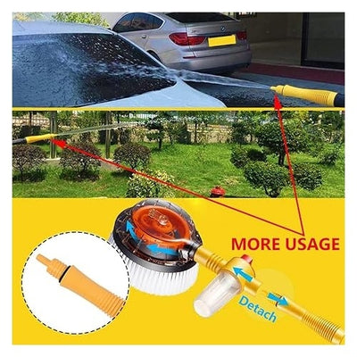 Set perie de spalat auto si accesorii, cu maner telescopic, rotativa 360°, cu recipient pentru detergent, lungime 100 cm, pentru spalare cu inalta presiune, negru/galben