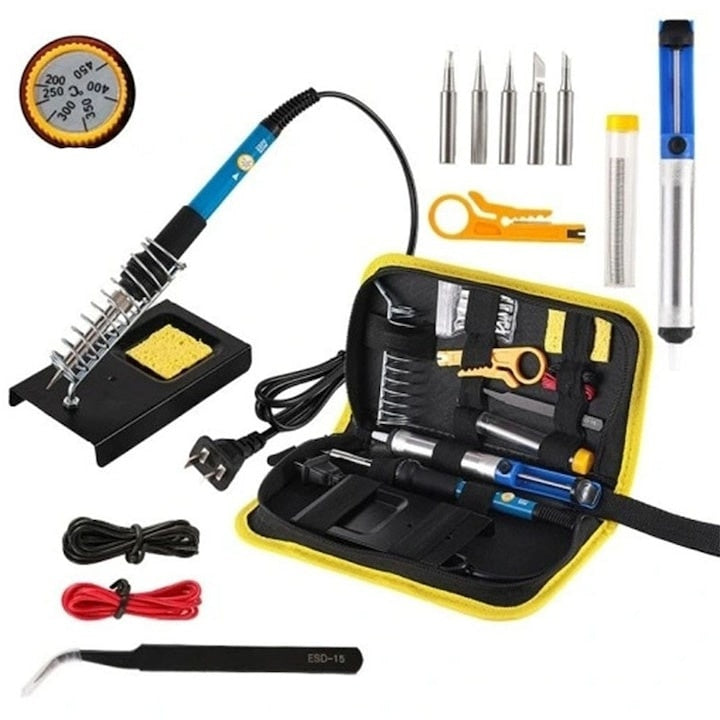 Set pistol de lipit cu 15 piese, putere 60W, cu temperatura reglabila, unealta pentru dezizolat cablu, penseta, tub cu fludor, varfuri de schimb, negru