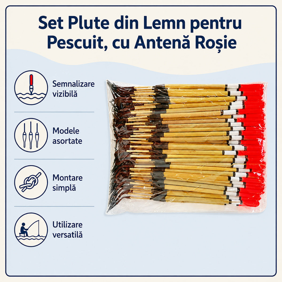 Set Plute din Lemn pentru Pescuit, cu Antenă Roșie – caracteristici și beneficii