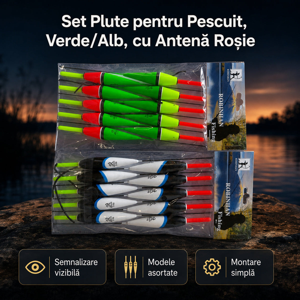 Set Plute pentru Pescuit, Verde/Alb, cu Antenă Roșie – imagine principală promoțională