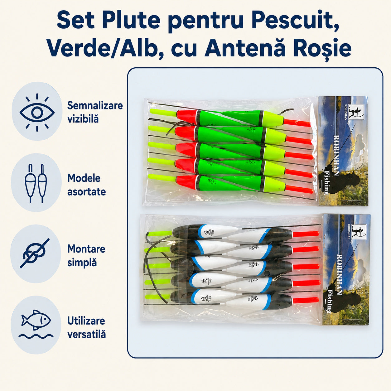 Set Plute pentru Pescuit, Verde/Alb, cu Antenă Roșie – caracteristici