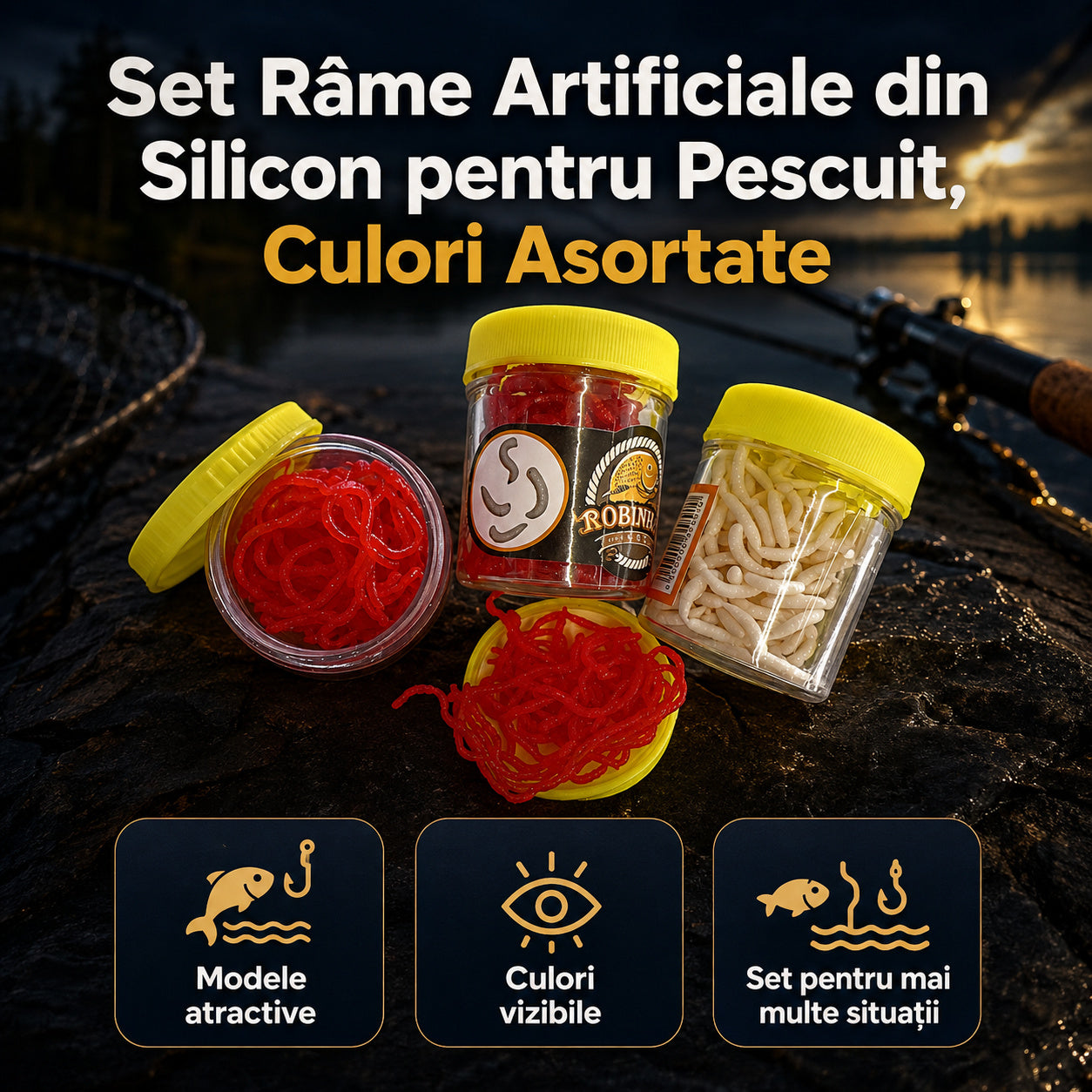 Set Râme Artificiale din Silicon pentru Pescuit, Culori Asortate – imagine principală