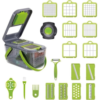 Set razatoare cu 22 de piese, cu lame din otel inoxidabil, accesorii pentru taiat si feliat, gri/verde