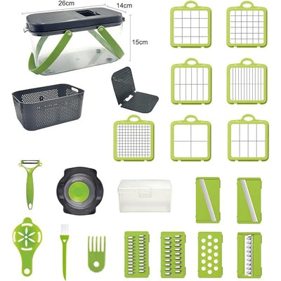 Set razatoare cu 22 de piese, cu lame din otel inoxidabil, accesorii pentru taiat si feliat, gri/verde