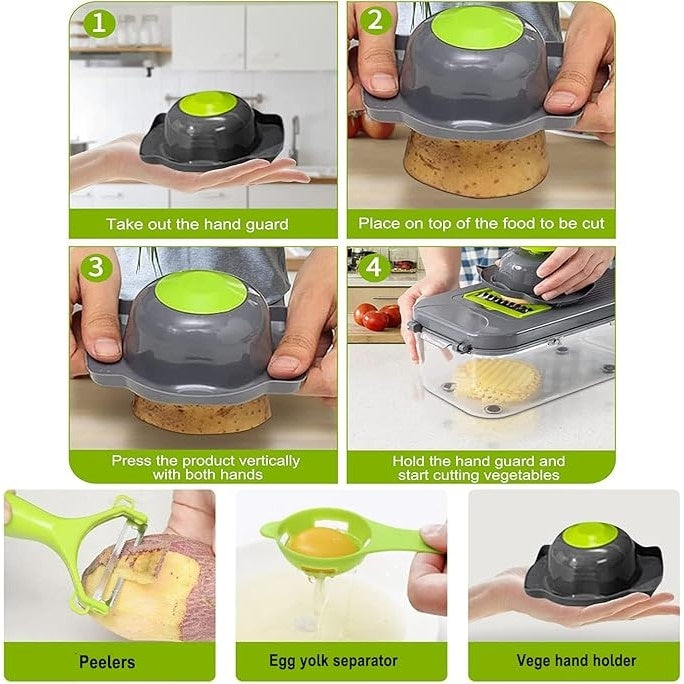 Set razatoare cu 22 de piese, cu lame din otel inoxidabil, accesorii pentru taiat si feliat, gri/verde