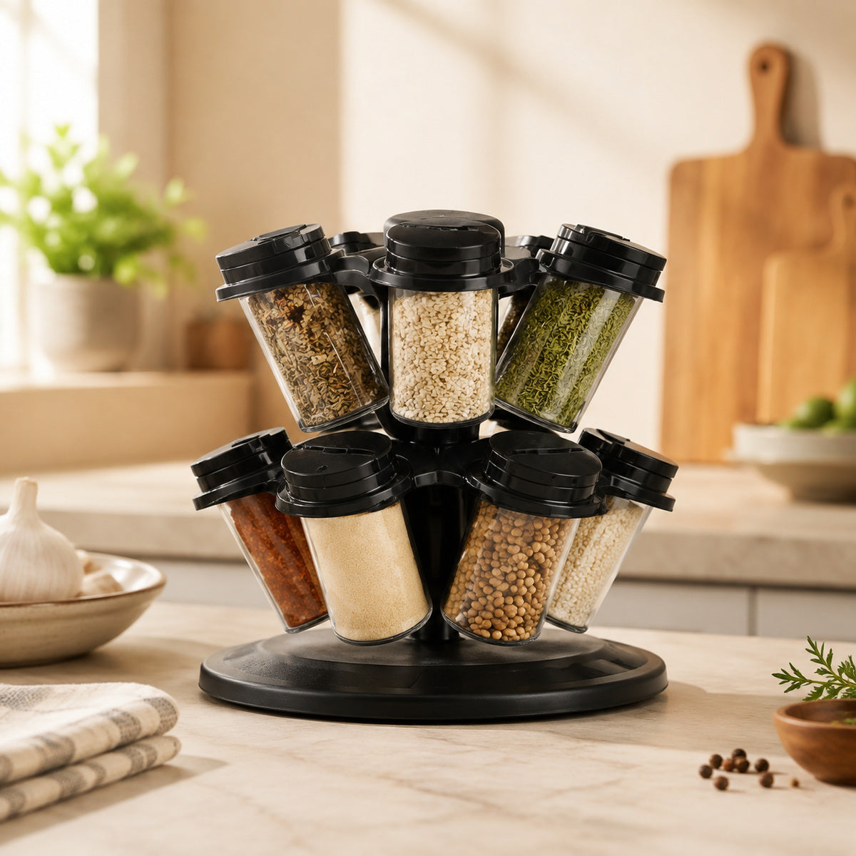 Set Recipiente pentru Condimente cu Suport Rotativ 360°, Negru – imagine comercială