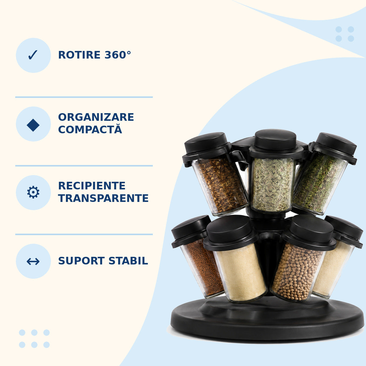 Set Recipiente pentru Condimente cu Suport Rotativ 360°, Negru – caracteristici