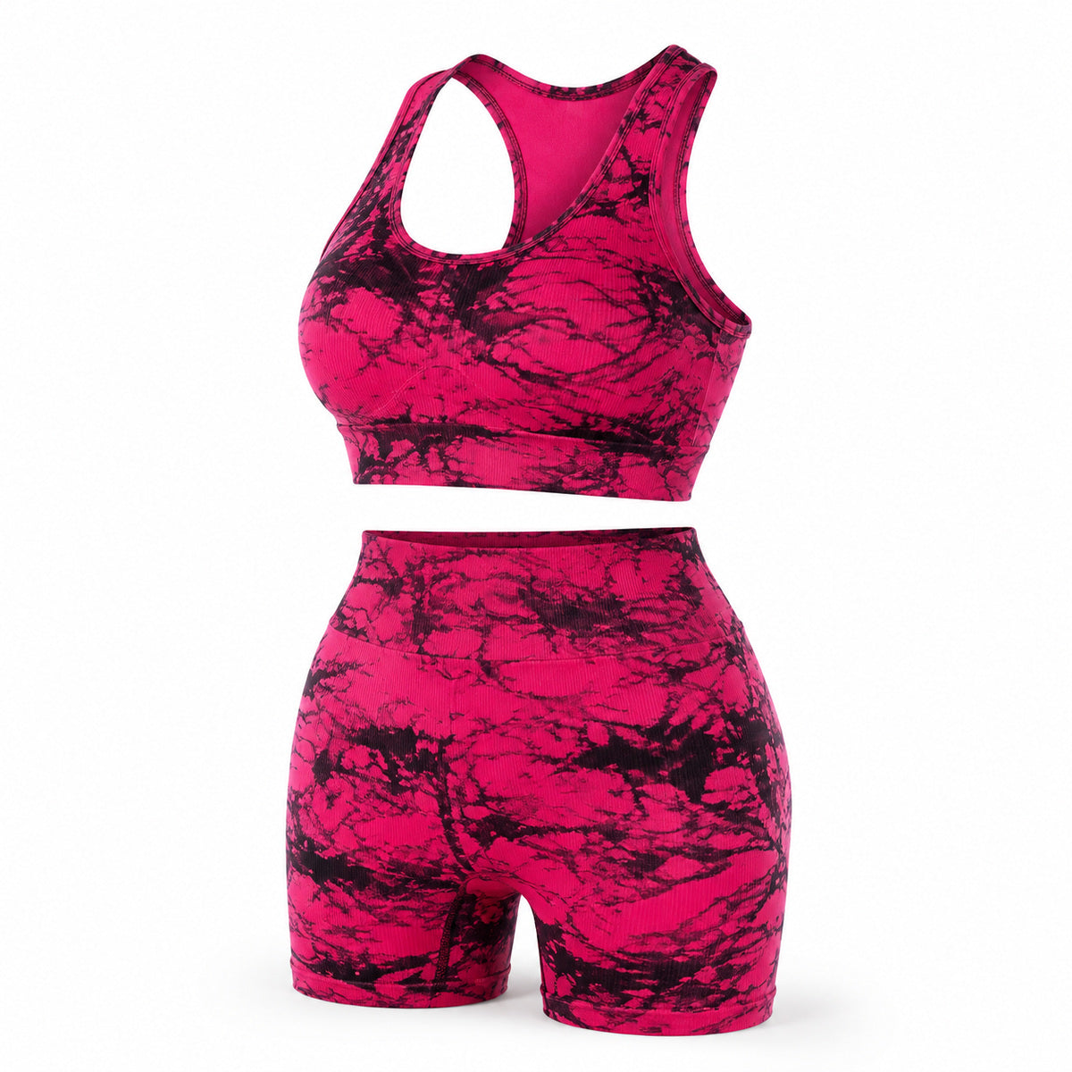 Set Sport Damă 2 Piese, Bustieră și Colanți Scurți, Roz-Negru – imagine principală