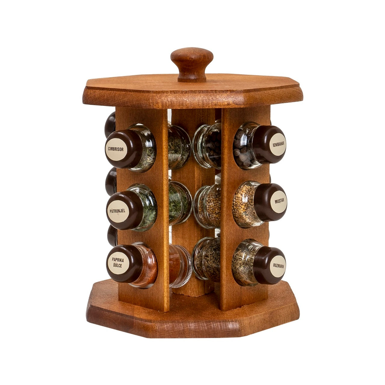 Set suport lemn cu 12 sticle pline cu condimente natur