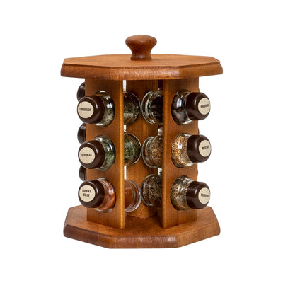 Set suport lemn cu 12 sticle pline cu condimente natur
