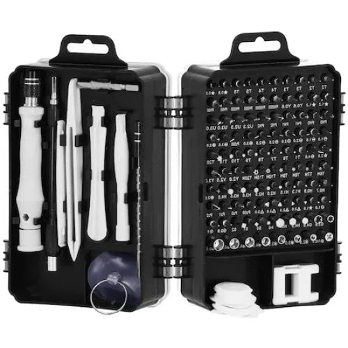 Set surubelnite de precizie, cu 117 piese, din otel, cu cutie din plastic, cu husa de depozitare, argintiu