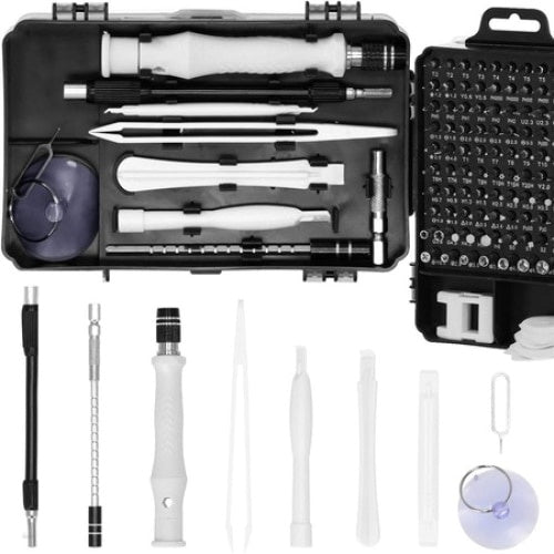 Set surubelnite de precizie, cu 117 piese, din otel, cu cutie din plastic, cu husa de depozitare, argintiu