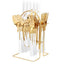 Set tacamuri cu 24 piese, din otel inoxidabil, durabil si rezistent la coroziune, cu suport, dimensiune 25 X 15 X 13cm, alb/auriu