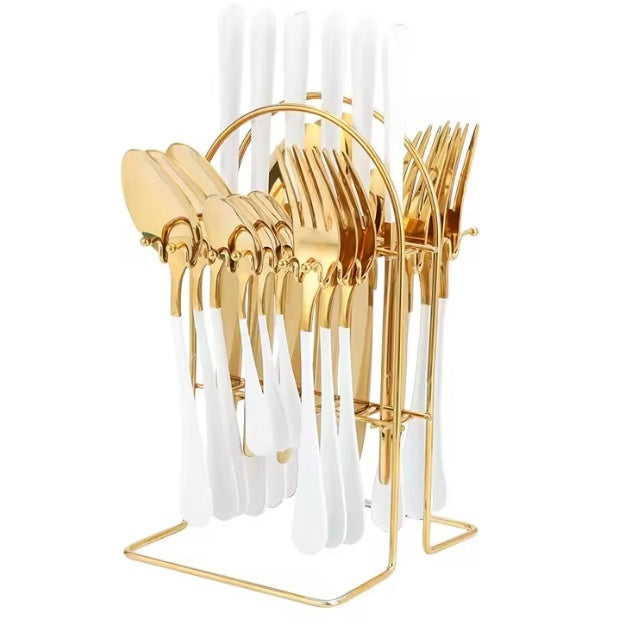 Set tacamuri cu 24 piese, din otel inoxidabil, durabil si rezistent la coroziune, cu suport, dimensiune 25 X 15 X 13cm, alb/auriu