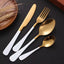 Set tacamuri cu 24 piese, din otel inoxidabil, durabil si rezistent la coroziune, cu suport, dimensiune 25 X 15 X 13cm, alb/auriu