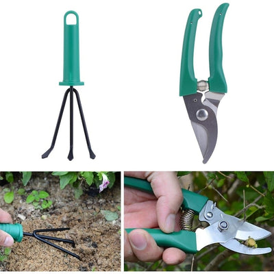 Set unelte de gradinarit, cu 5 piese, cutie pentru depozitat si transport, din metal si plastic, verde