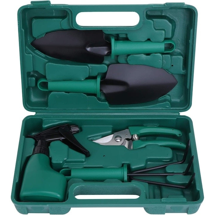 Set unelte de gradinarit, cu 5 piese, cutie pentru depozitat si transport, din metal si plastic, verde