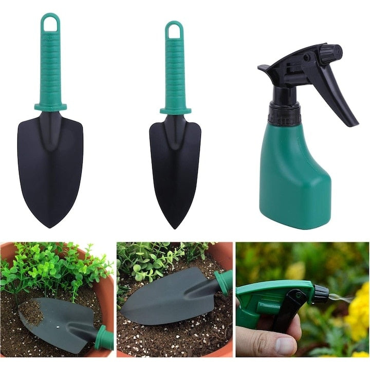 Set unelte de gradinarit, cu 5 piese, cutie pentru depozitat si transport, din metal si plastic, verde